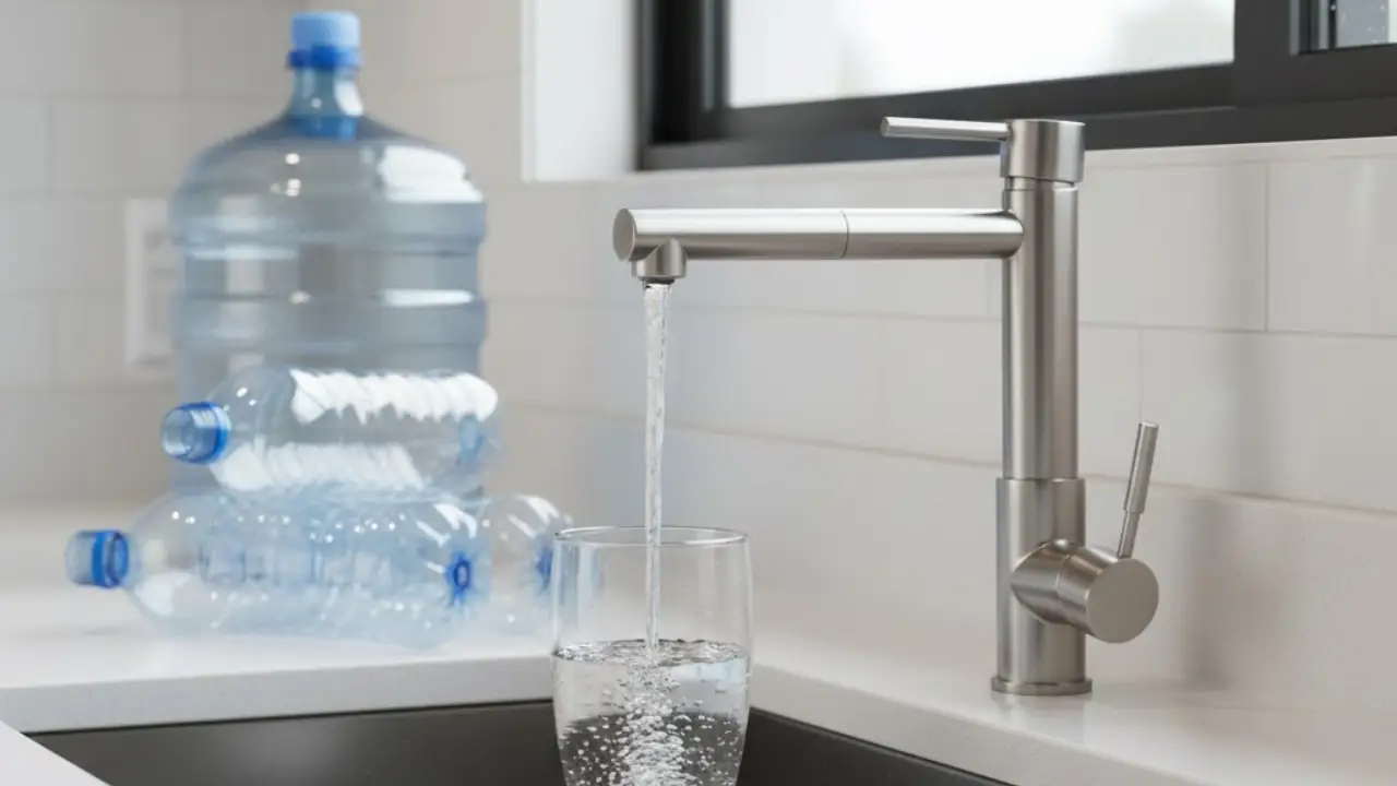 Torneira com Filtro Integrado Enchendo um Copo com Água Filtrada e Algumas Garrafas Pet de Água Vazias no Fundo da Bancada da Pia